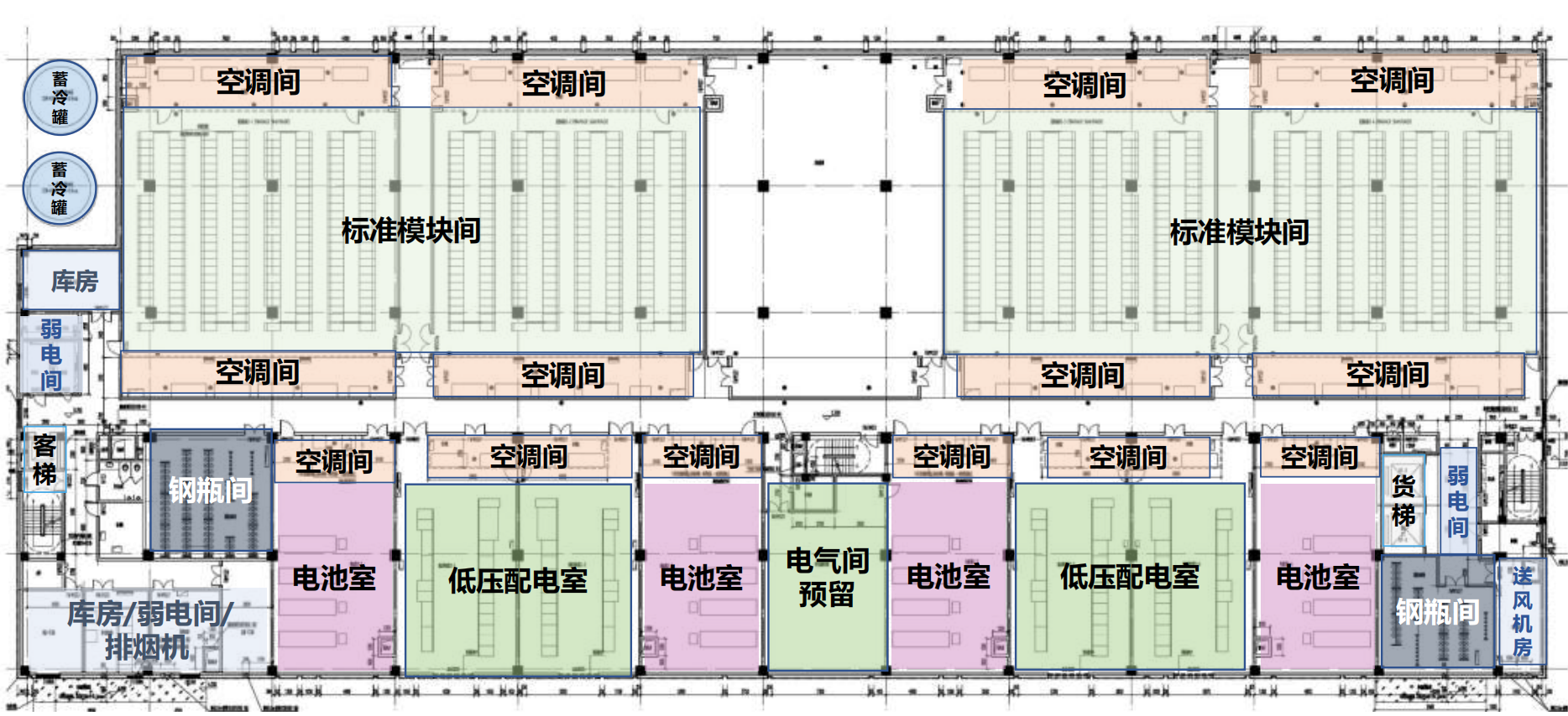标准楼层平面布局图：空调间环绕标准模块间，低压配电室、电池室、电气间、钢瓶间分区布置